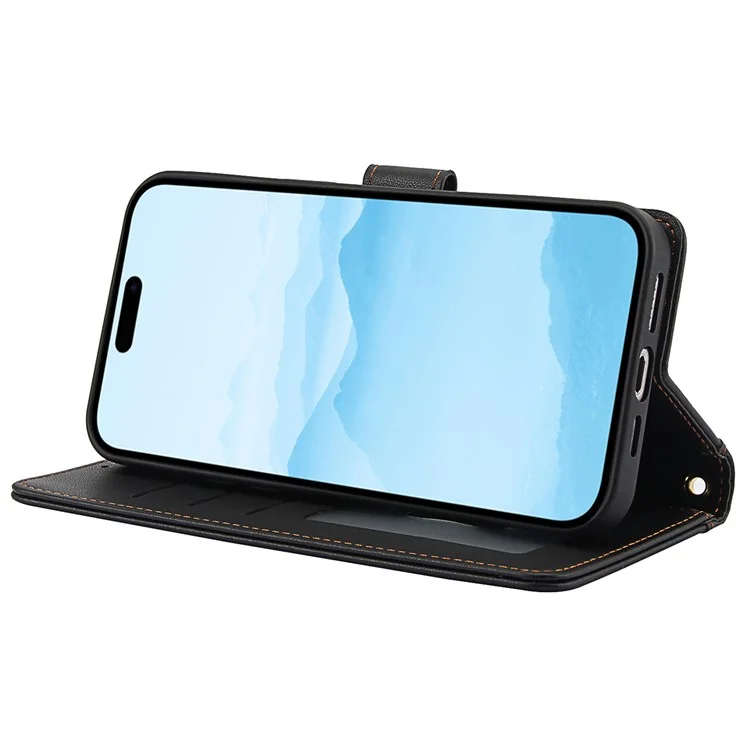 SY-003 Für Iphone 16 Plus Hülle PU Leather Stand Ansicht Phone Brieftaschenabdeckung Mit Handgurt - Schwarz