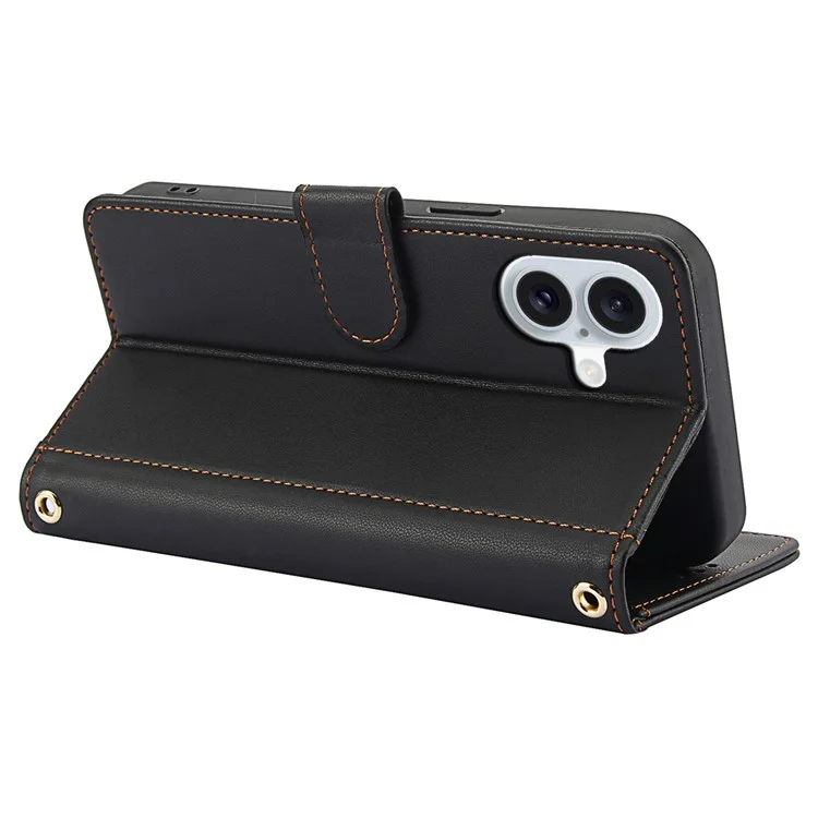 SY-003 Für Iphone 16 Plus Hülle PU Leather Stand Ansicht Phone Brieftaschenabdeckung Mit Handgurt - Schwarz