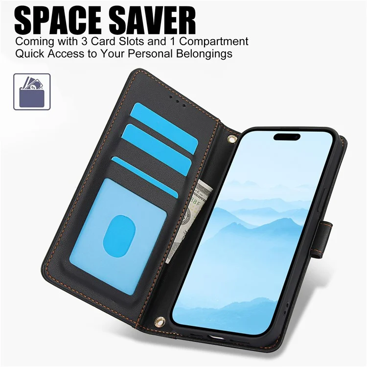 SY-003 Für Iphone 16 Plus Hülle PU Leather Stand Ansicht Phone Brieftaschenabdeckung Mit Handgurt - Schwarz