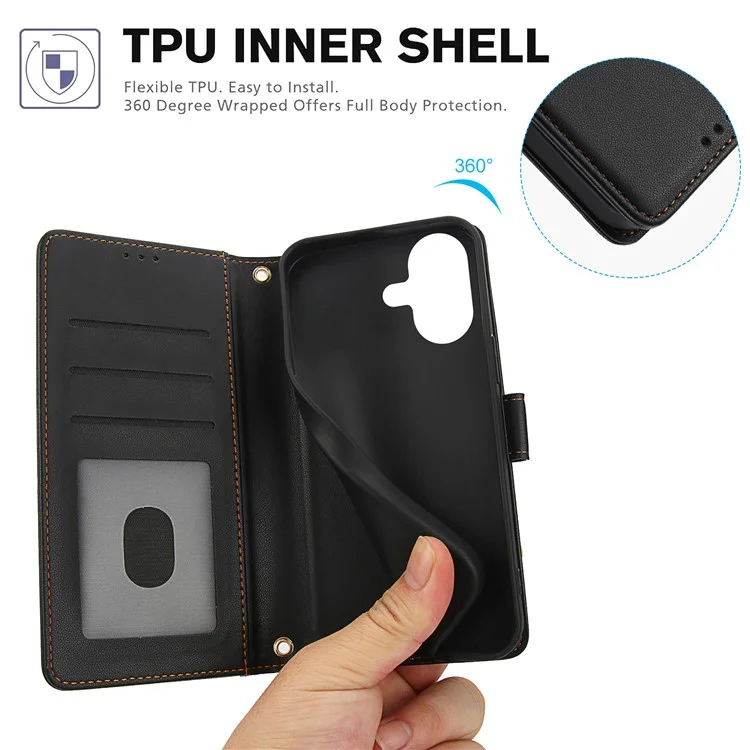 SY-003 Für Iphone 16 Plus Hülle PU Leather Stand Ansicht Phone Brieftaschenabdeckung Mit Handgurt - Schwarz