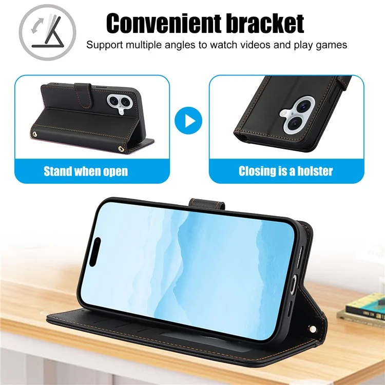 SY-003 Für Iphone 16 Plus Hülle PU Leather Stand Ansicht Phone Brieftaschenabdeckung Mit Handgurt - Schwarz