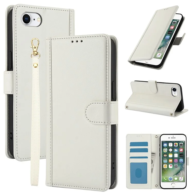 SY-003 For iPhone 16e Case PU Leather Stand View Phone Wallet Cover with Hand Strap - White