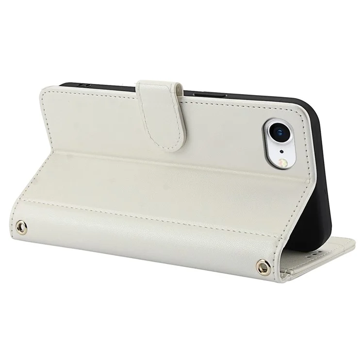 SY-003 For iPhone 16e Case PU Leather Stand View Phone Wallet Cover with Hand Strap - White