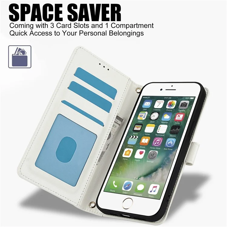 SY-003 For iPhone 16e Case PU Leather Stand View Phone Wallet Cover with Hand Strap - White
