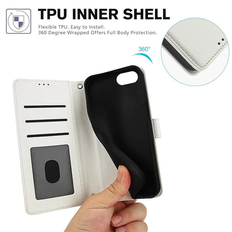 SY-003 For iPhone 16e Case PU Leather Stand View Phone Wallet Cover with Hand Strap - White