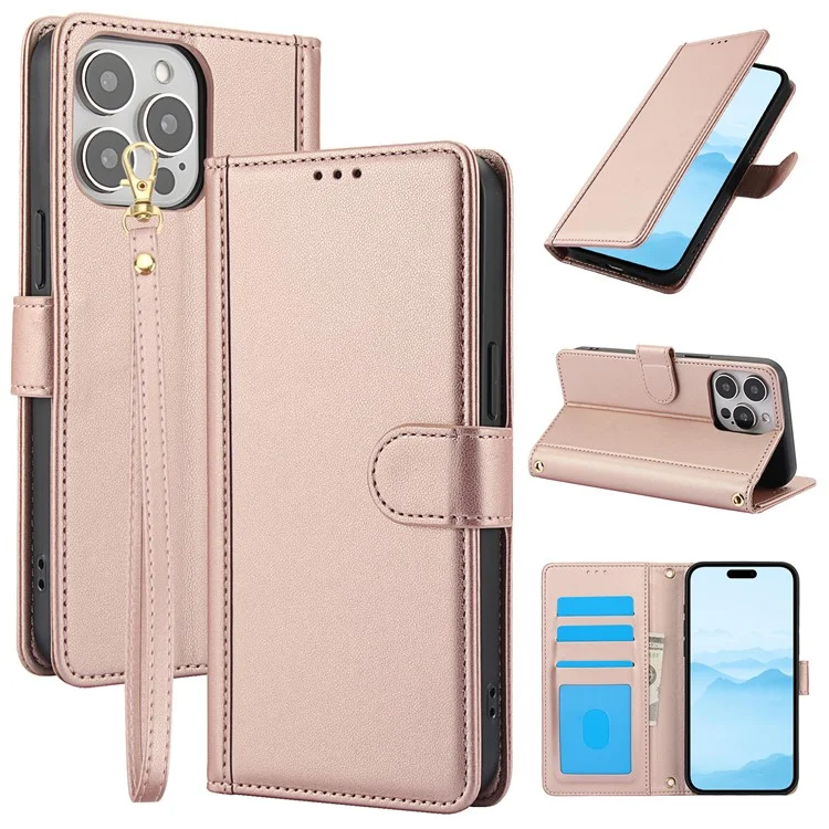 SY-003 Für Iphone 16 Pro Case PU Leather Stand Ansicht Phone Brieftaschenabdeckung Mit Handgurt - Rosa
