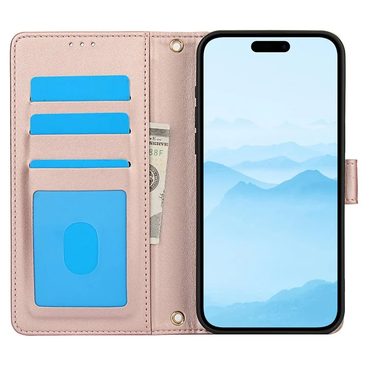 SY-003 Für Iphone 16 Pro Case PU Leather Stand Ansicht Phone Brieftaschenabdeckung Mit Handgurt - Rosa