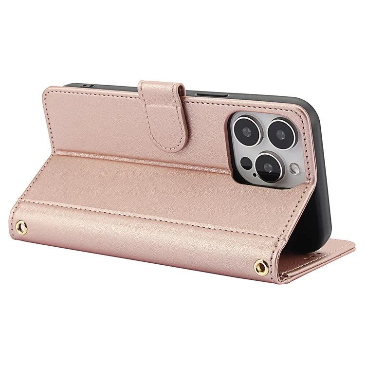 SY-003 Für Iphone 16 Pro Case PU Leather Stand Ansicht Phone Brieftaschenabdeckung Mit Handgurt - Rosa