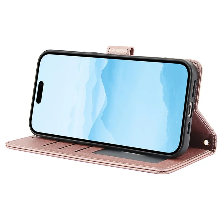 SY-003 Für Iphone 16 Pro Case PU Leather Stand Ansicht Phone Brieftaschenabdeckung Mit Handgurt - Rosa