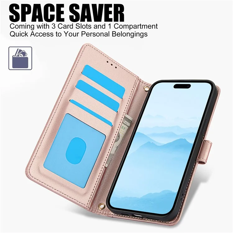 SY-003 Für Iphone 16 Pro Case PU Leather Stand Ansicht Phone Brieftaschenabdeckung Mit Handgurt - Rosa