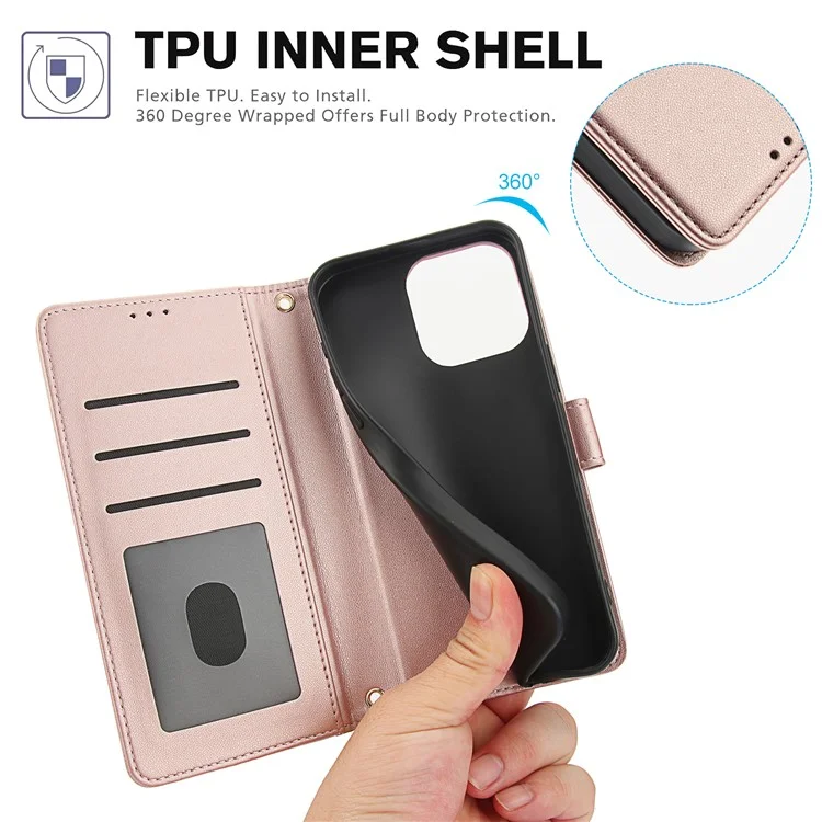 SY-003 Für Iphone 16 Pro Case PU Leather Stand Ansicht Phone Brieftaschenabdeckung Mit Handgurt - Rosa