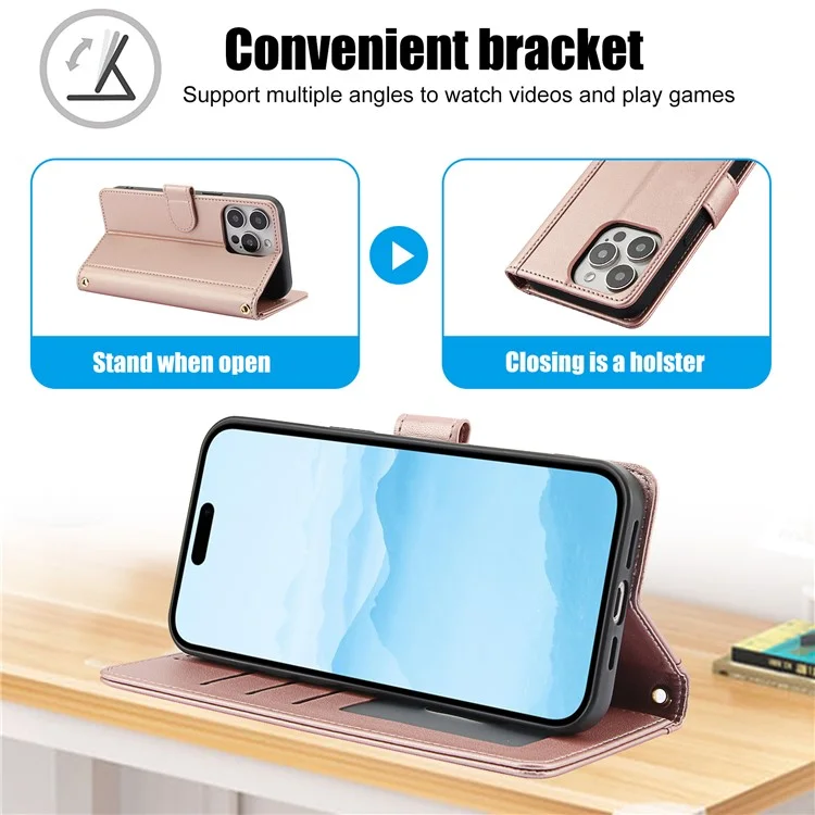 SY-003 Für Iphone 16 Pro Case PU Leather Stand Ansicht Phone Brieftaschenabdeckung Mit Handgurt - Rosa