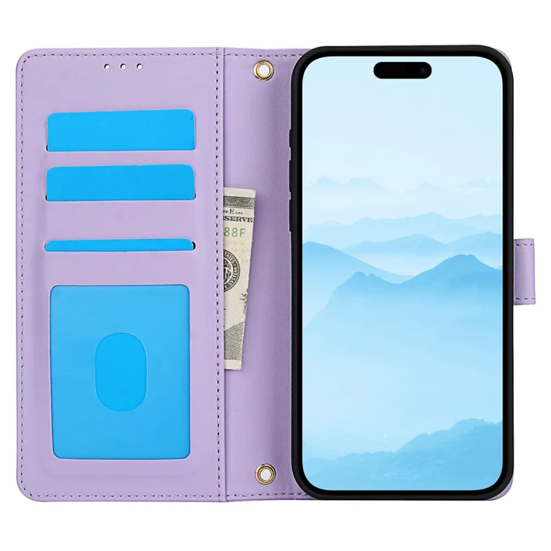 SY-003 Para Iphone 16 Pro Max Case PU pu Cuero Vista a la Billetera de la Billetera Con Correa Para la Mano - Púrpura
