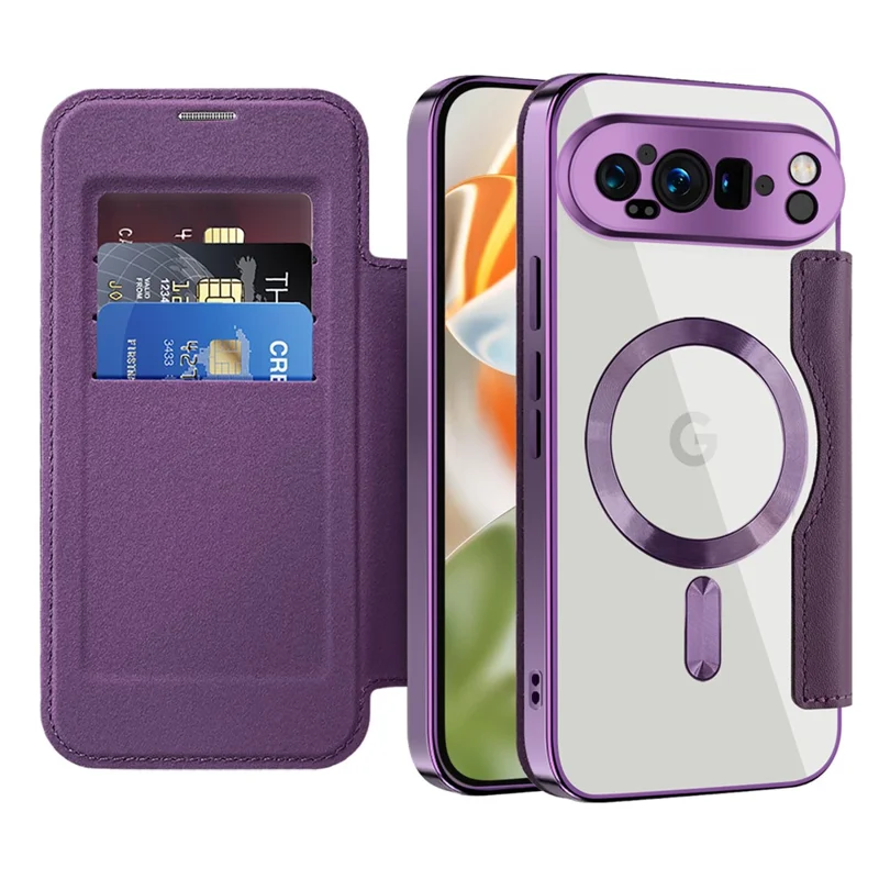 For Google Pixel 9 Pro XL Magnetic Case RFID Blocking Leather Phone Cover - Purple