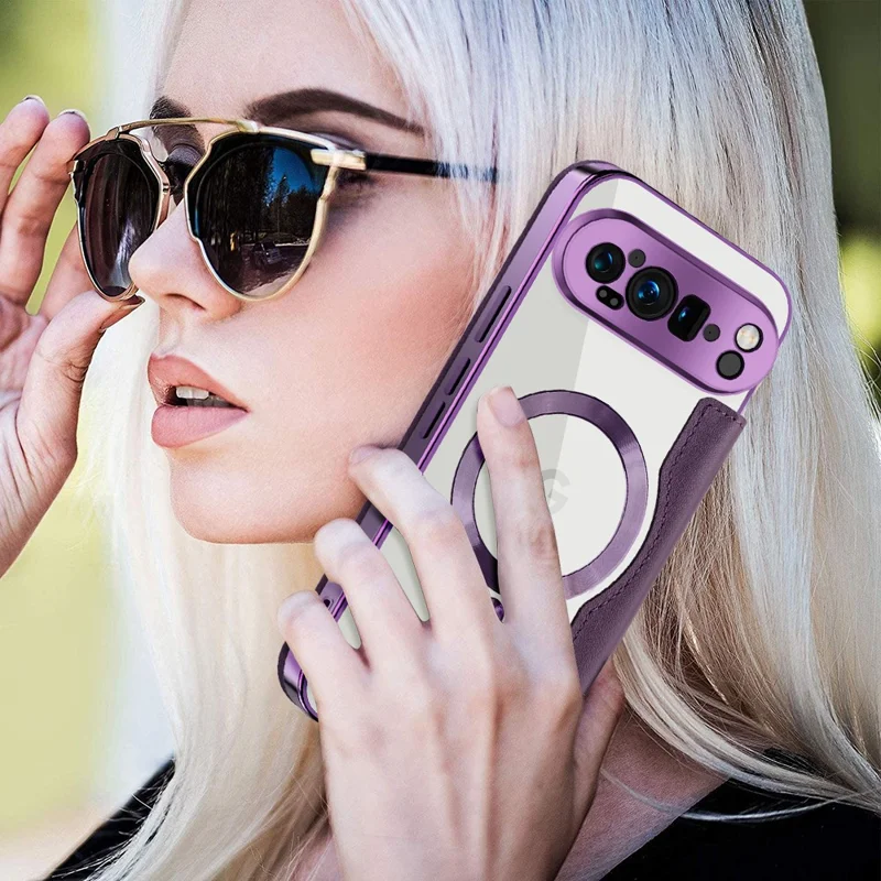 For Google Pixel 9 Pro XL Magnetic Case RFID Blocking Leather Phone Cover - Purple