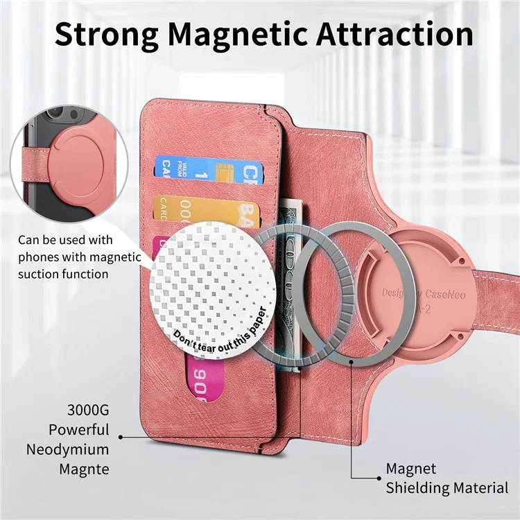 CASENEO MW-03S Magnetic Detachable Phone Cover for 6.7 inch Phone Retro Leather Wallet Stand - Pink