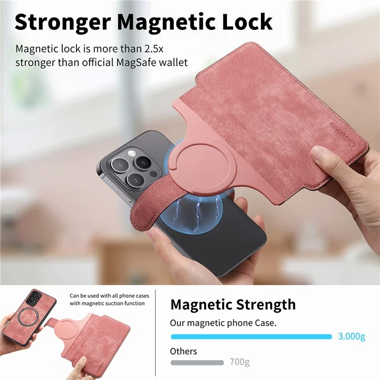 CASENEO MW-03S Magnetic Detachable Phone Cover for 6.7 inch Phone Retro Leather Wallet Stand - Pink