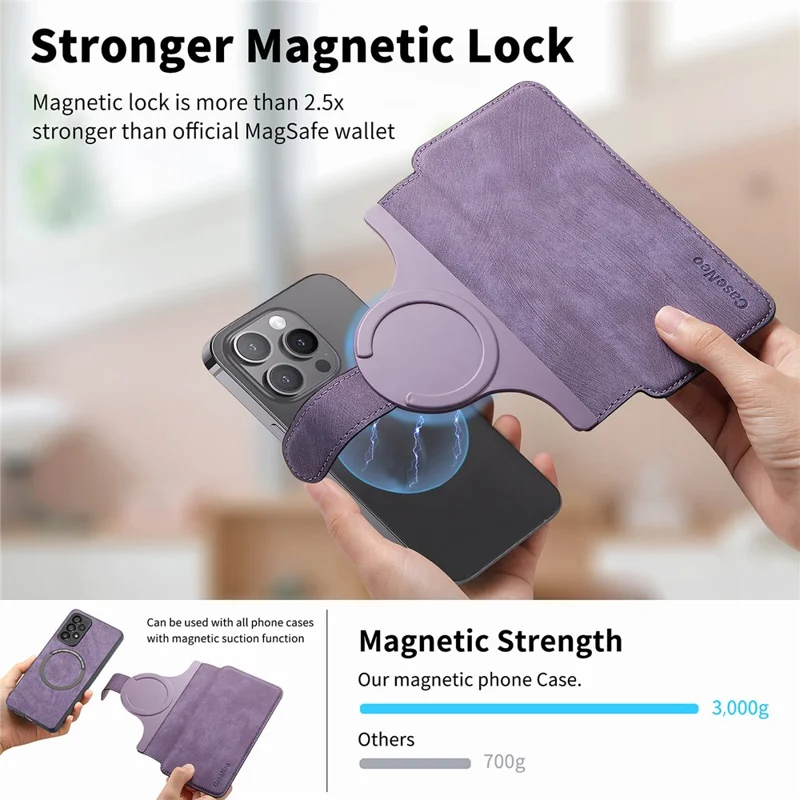 CASENEO MW-03S Magnetic Detachable Phone Cover for 6.1 inch Phone Retro Leather Wallet Stand - Purple