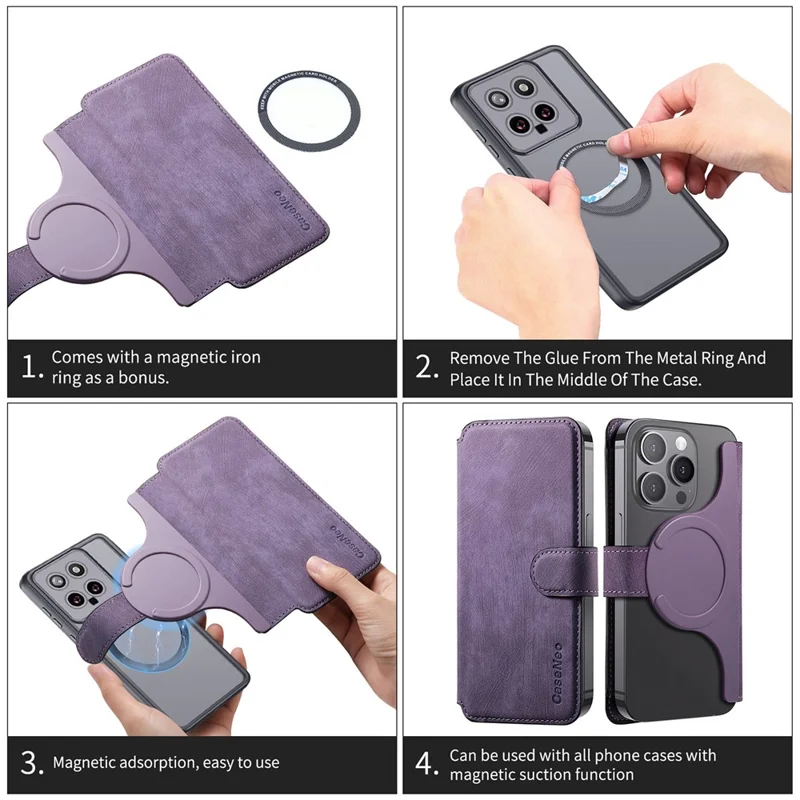 CASENEO MW-03S Magnetic Detachable Phone Cover for 6.1 inch Phone Retro Leather Wallet Stand - Purple
