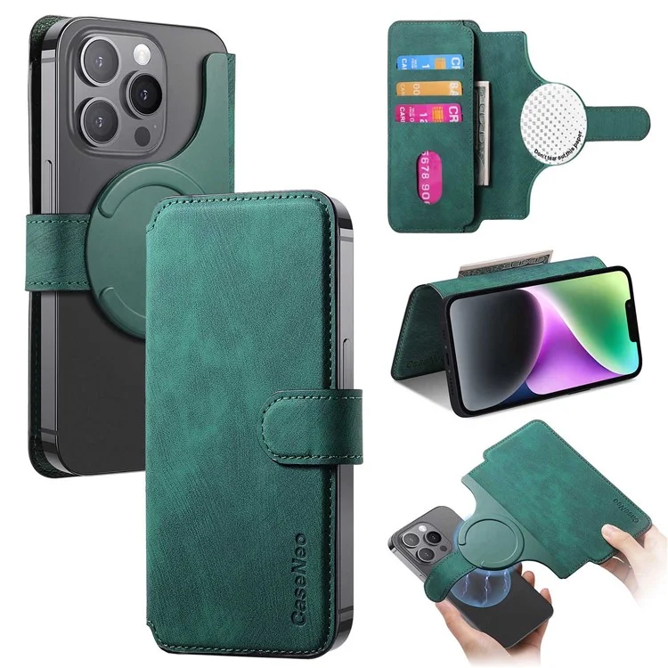 CASENEO MW-03S Magnetic Detachable Phone Cover for 6.4 inch Phone Retro Leather Wallet Stand - Green