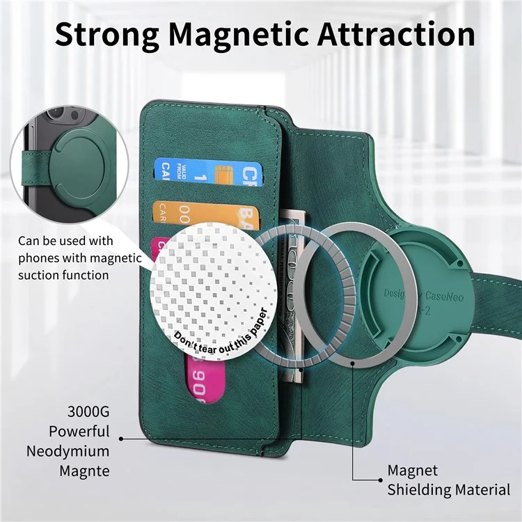 CASENEO MW-03S Magnetic Detachable Phone Cover for 6.4 inch Phone Retro Leather Wallet Stand - Green
