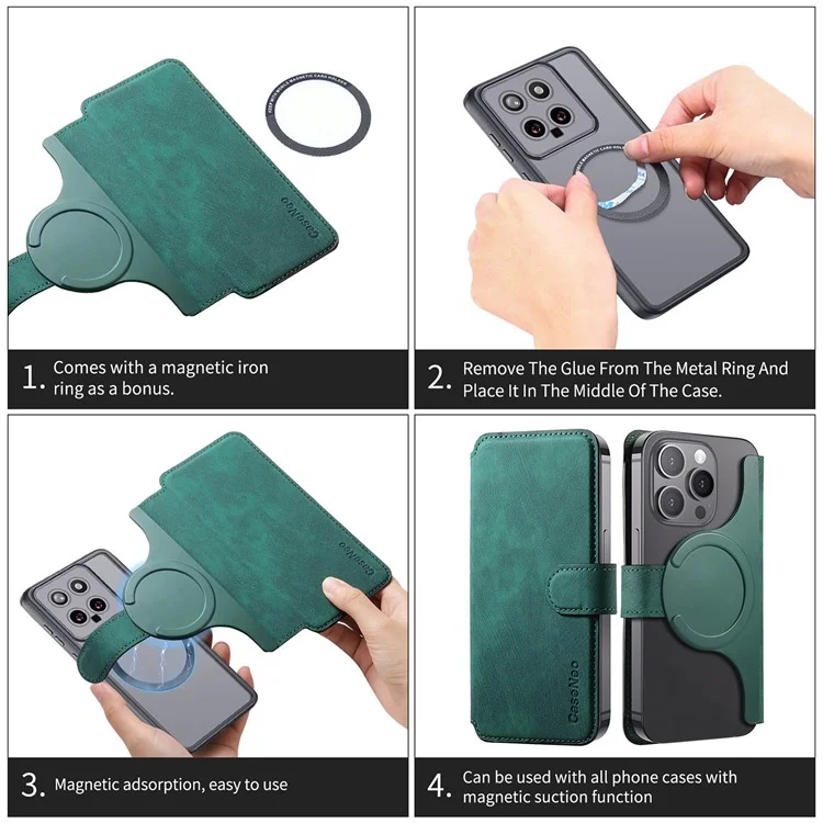 CASENEO MW-03S Magnetic Detachable Phone Cover for 6.4 inch Phone Retro Leather Wallet Stand - Green