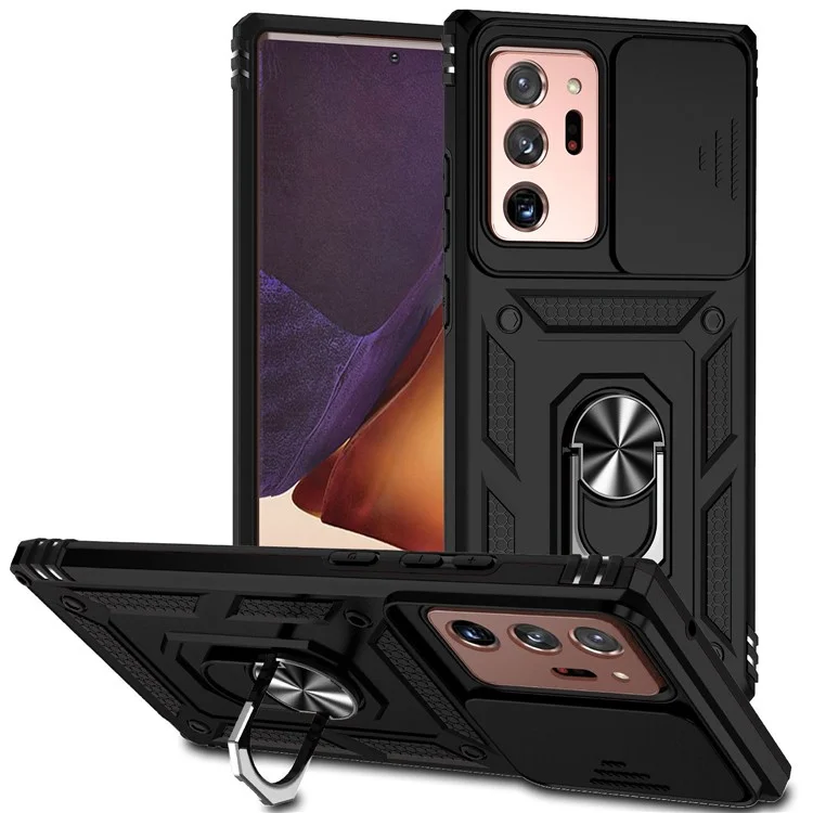 For Samsung Galaxy Note20 Ultra / Note20 Ultra 5G Metal Ring Kickstand PC + TPU Phone Case with Slide Camera Protection - Black