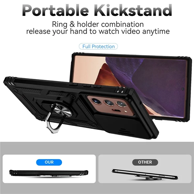 For Samsung Galaxy Note20 Ultra / Note20 Ultra 5G Metal Ring Kickstand PC + TPU Phone Case with Slide Camera Protection - Black