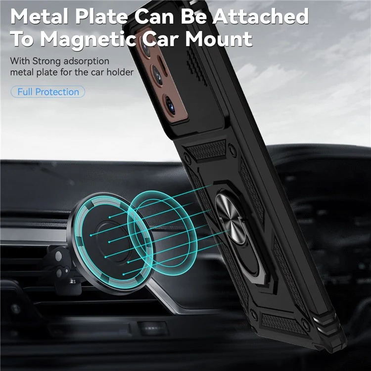 For Samsung Galaxy Note20 Ultra / Note20 Ultra 5G Metal Ring Kickstand PC + TPU Phone Case with Slide Camera Protection - Black