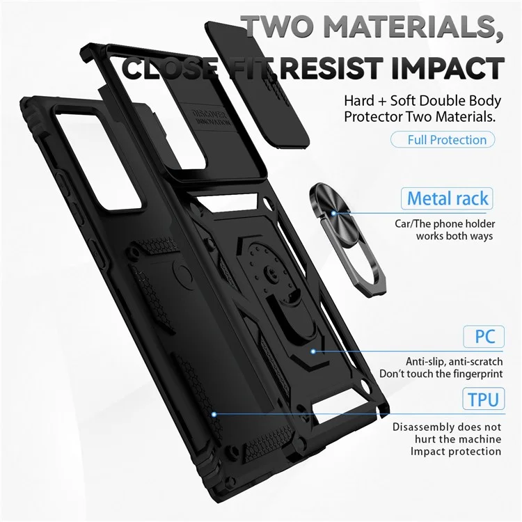 For Samsung Galaxy Note20 Ultra / Note20 Ultra 5G Metal Ring Kickstand PC + TPU Phone Case with Slide Camera Protection - Black