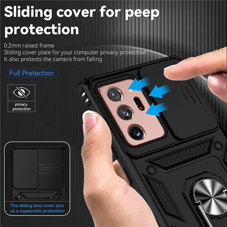 For Samsung Galaxy Note20 Ultra / Note20 Ultra 5G Metal Ring Kickstand PC + TPU Phone Case with Slide Camera Protection - Black