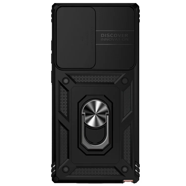 For Samsung Galaxy Note20 Ultra / Note20 Ultra 5G Metal Ring Kickstand PC + TPU Phone Case with Slide Camera Protection - Black