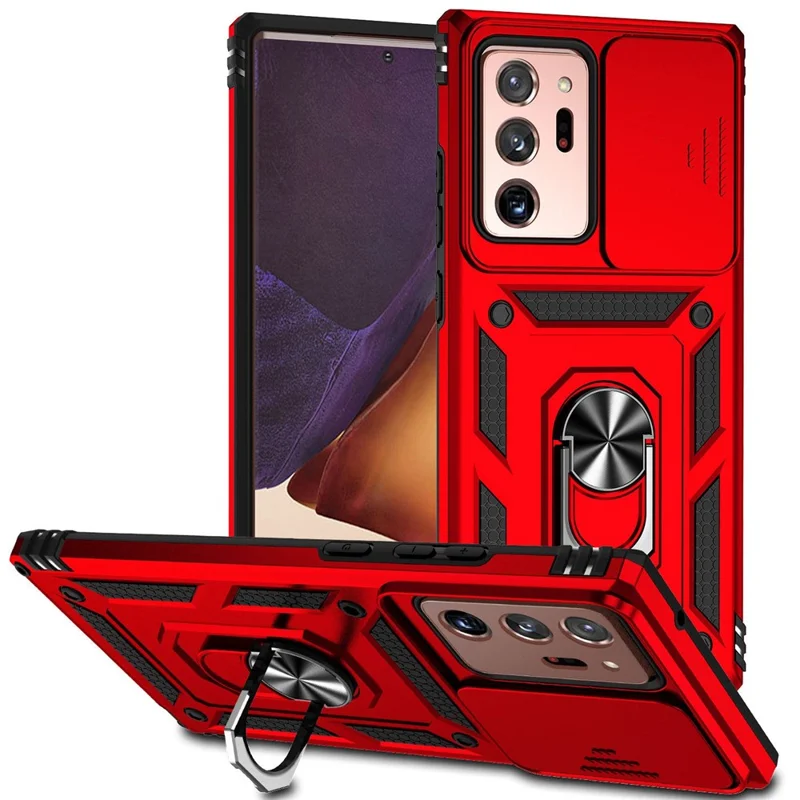 For Samsung Galaxy Note20 Ultra / Note20 Ultra 5G Metal Ring Kickstand PC + TPU Phone Case with Slide Camera Protection - Red