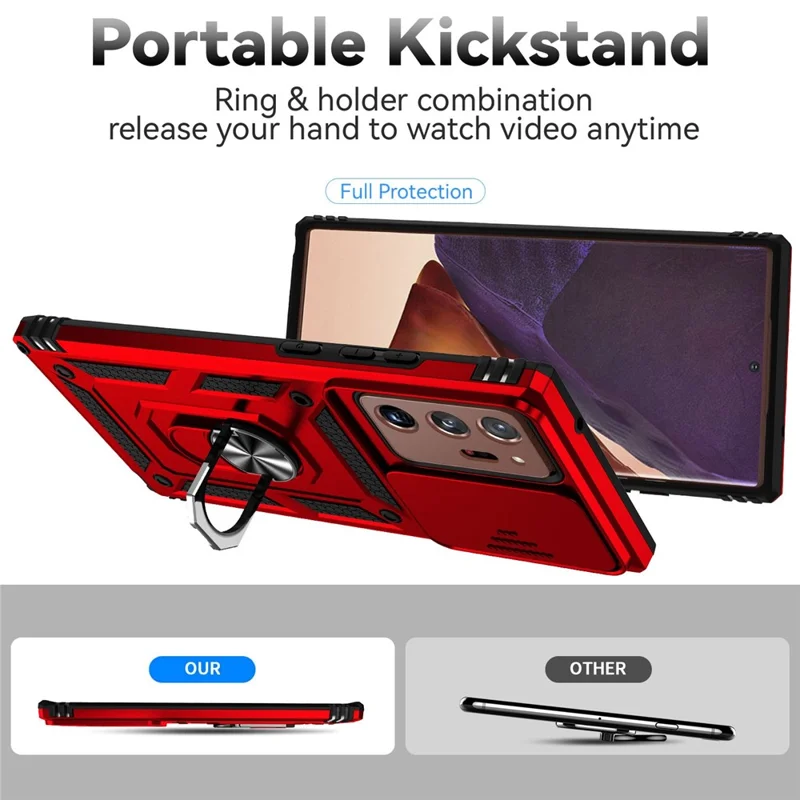 For Samsung Galaxy Note20 Ultra / Note20 Ultra 5G Metal Ring Kickstand PC + TPU Phone Case with Slide Camera Protection - Red