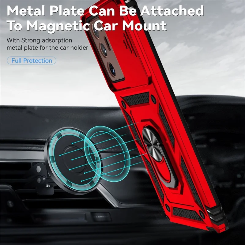 For Samsung Galaxy Note20 Ultra / Note20 Ultra 5G Metal Ring Kickstand PC + TPU Phone Case with Slide Camera Protection - Red