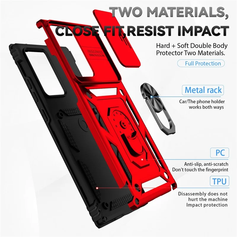 For Samsung Galaxy Note20 Ultra / Note20 Ultra 5G Metal Ring Kickstand PC + TPU Phone Case with Slide Camera Protection - Red