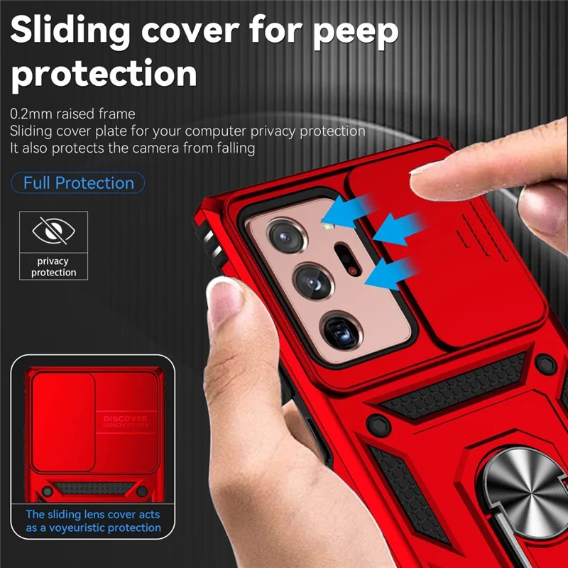 For Samsung Galaxy Note20 Ultra / Note20 Ultra 5G Metal Ring Kickstand PC + TPU Phone Case with Slide Camera Protection - Red
