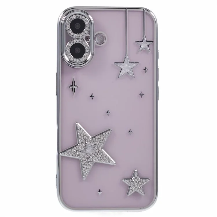For iPhone 16 Case 3D Bling Stars Electroplating TPU Clear Phone Case - Silver