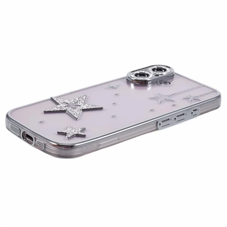 For iPhone 16 Case 3D Bling Stars Electroplating TPU Clear Phone Case - Silver