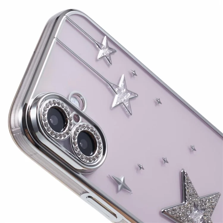 For iPhone 16 Case 3D Bling Stars Electroplating TPU Clear Phone Case - Silver