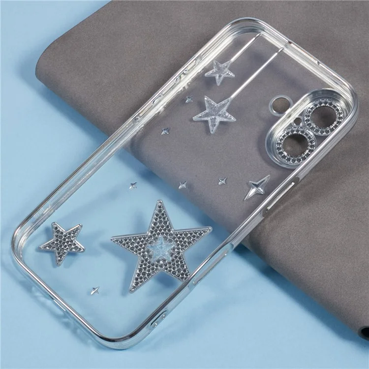 For iPhone 16 Case 3D Bling Stars Electroplating TPU Clear Phone Case - Silver