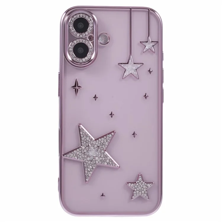 For iPhone 16 Case 3D Bling Stars Electroplating TPU Clear Phone Case - Pink