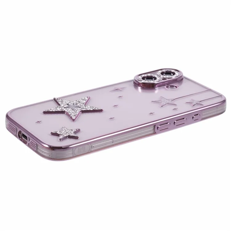 For iPhone 16 Case 3D Bling Stars Electroplating TPU Clear Phone Case - Pink