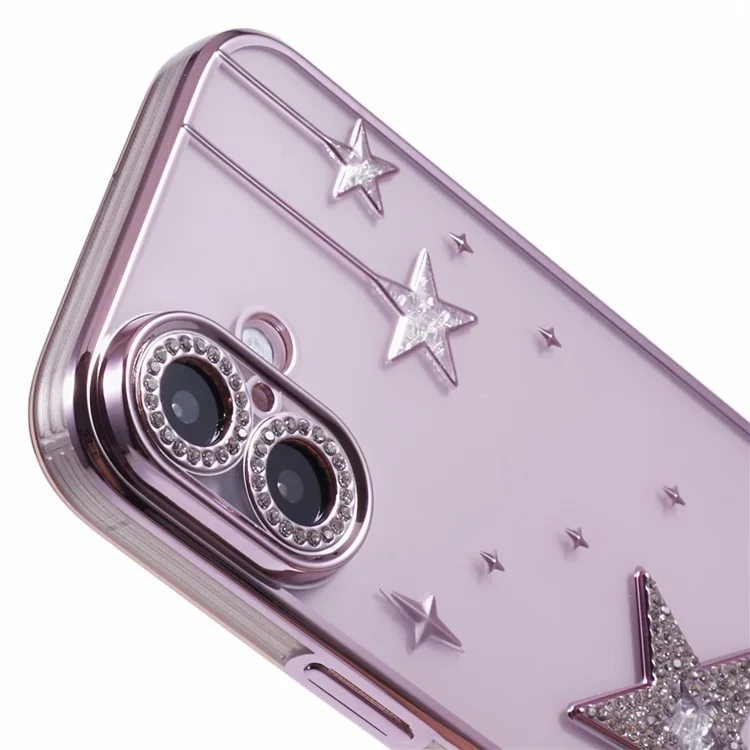 For iPhone 16 Case 3D Bling Stars Electroplating TPU Clear Phone Case - Pink