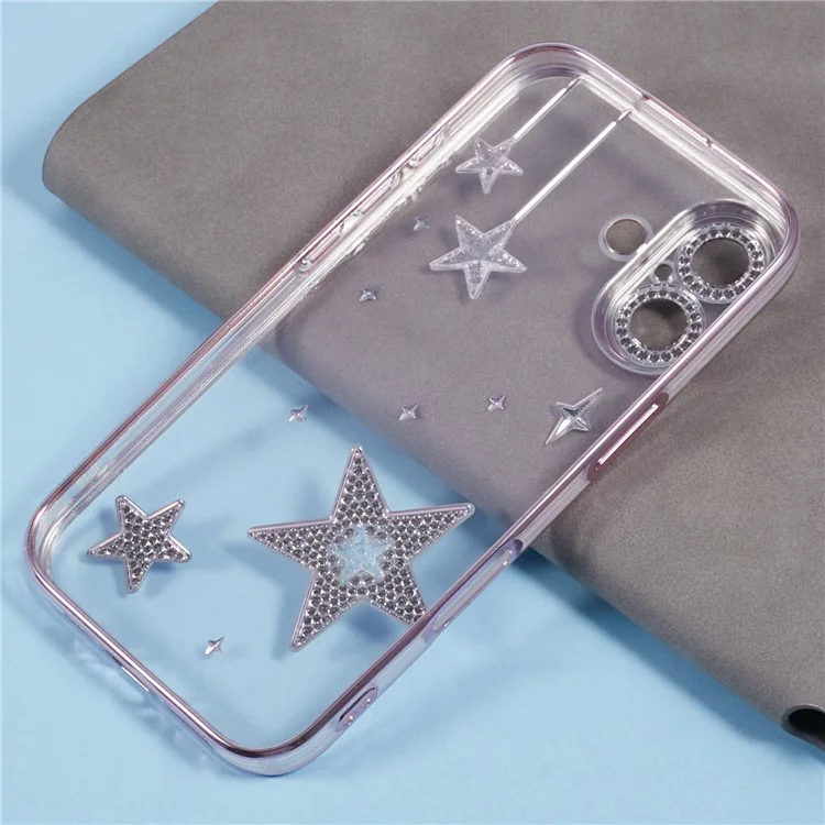For iPhone 16 Case 3D Bling Stars Electroplating TPU Clear Phone Case - Pink