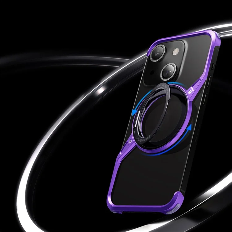 For iPhone 14 Bumper Phone Case Rotary Ring Kickstand Aluminium Alloy S-Shape Magnetic Cover - Purple
