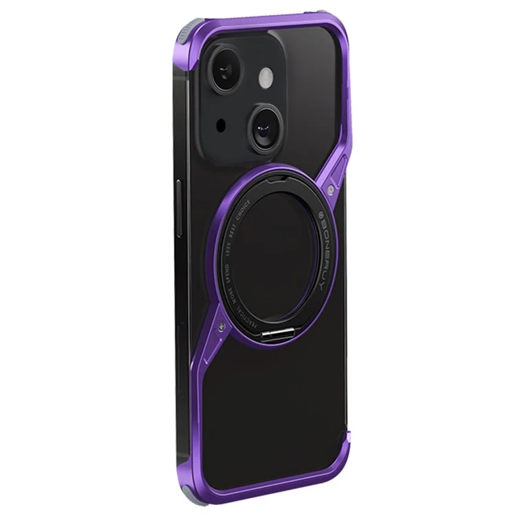 For iPhone 15 Bumper Phone Case Rotary Ring Kickstand Aluminium Alloy S-Shape Magnetic Cover - Purple