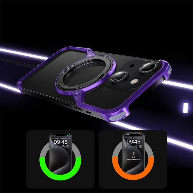 For iPhone 15 Bumper Phone Case Rotary Ring Kickstand Aluminium Alloy S-Shape Magnetic Cover - Purple