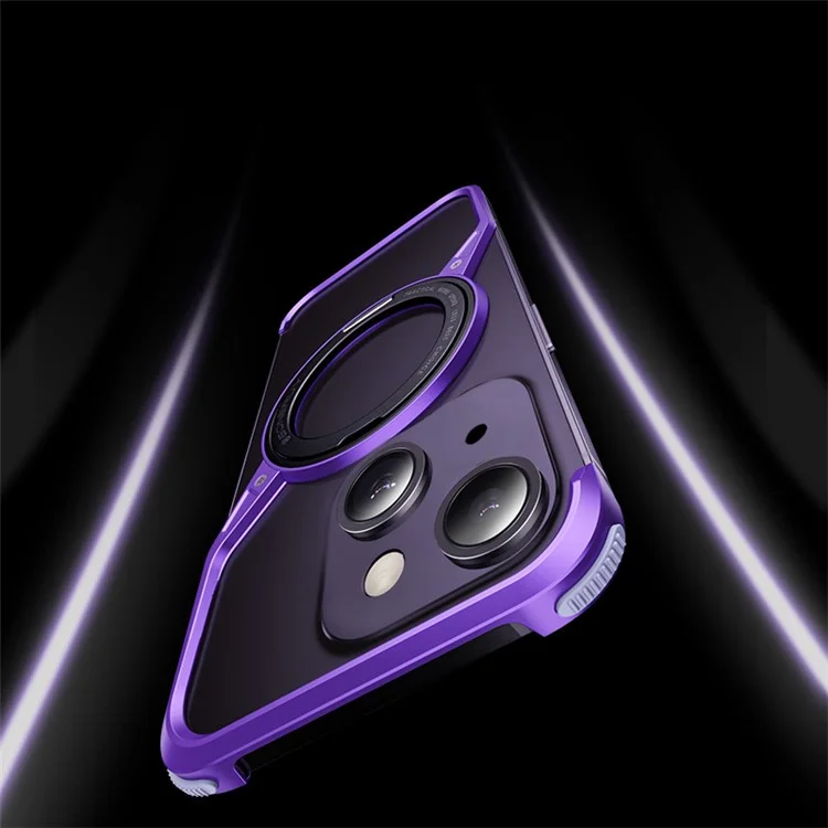 For iPhone 15 Bumper Phone Case Rotary Ring Kickstand Aluminium Alloy S-Shape Magnetic Cover - Purple