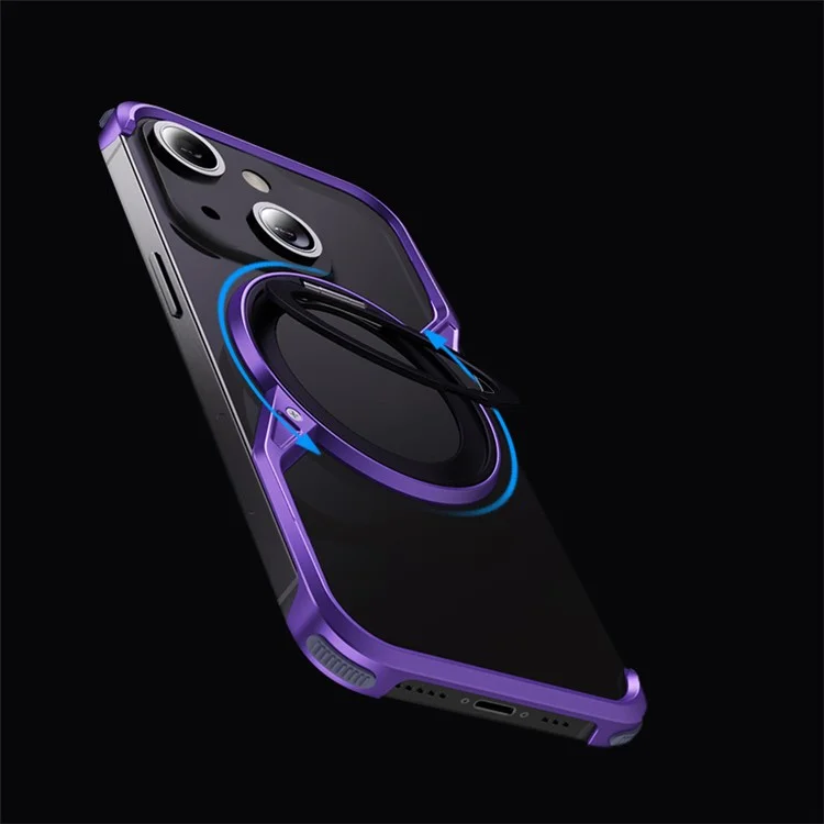 For iPhone 15 Bumper Phone Case Rotary Ring Kickstand Aluminium Alloy S-Shape Magnetic Cover - Purple